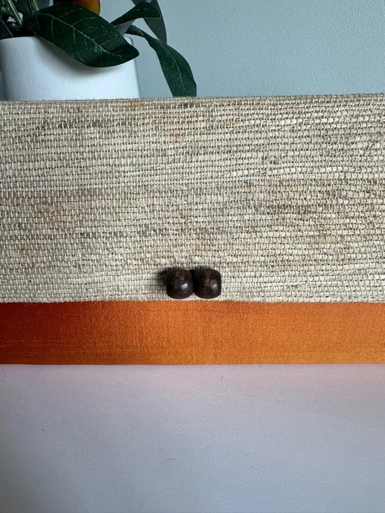 Handmade Vintage Woven Straw Coastal Clutch Orange Silk Boho Beach Resort Bag - Picture 2 of 10